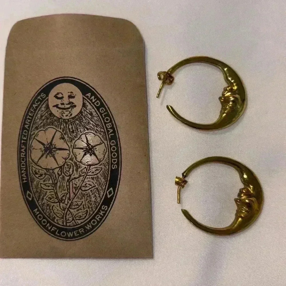 Pure Brass Moon Earrings Handmade by MOONFLOWER Works